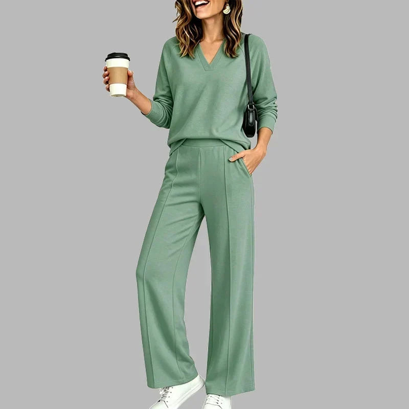 🎉Women's V-Neck Top & Wide-Leg Pants Set