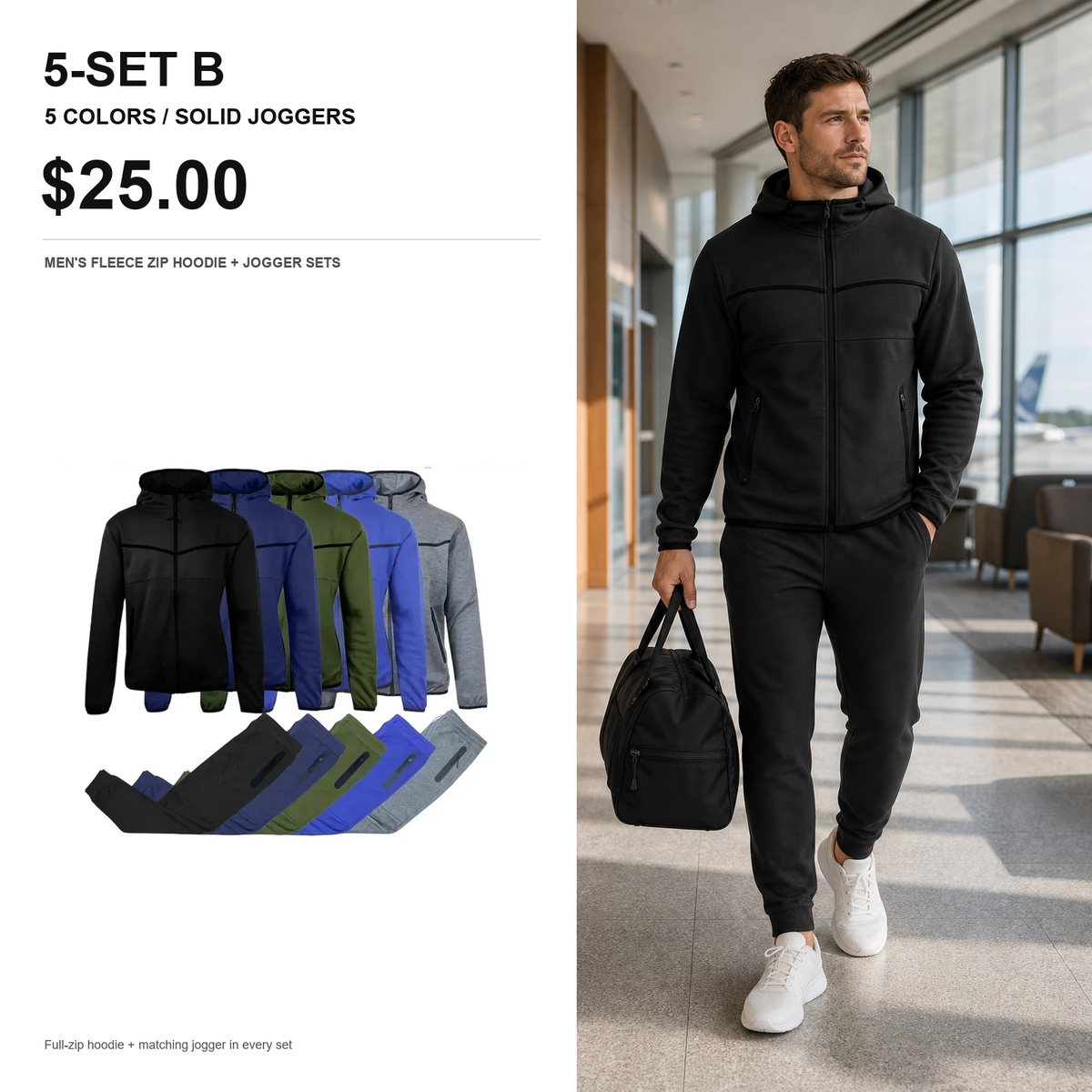 Men's 5-Piece Fleece Zip Hoodie & Jogger Sets