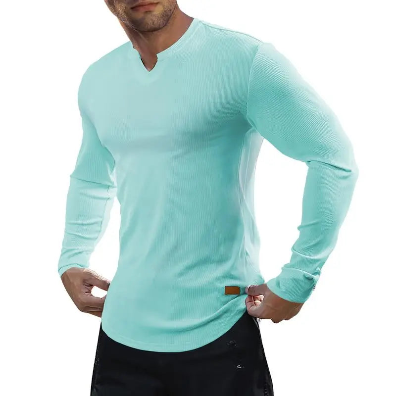 Men's slim-fit V-neck ribbed long-sleeved stretch T-shirt