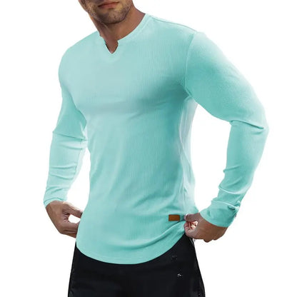 Men's slim-fit V-neck ribbed long-sleeved stretch T-shirt