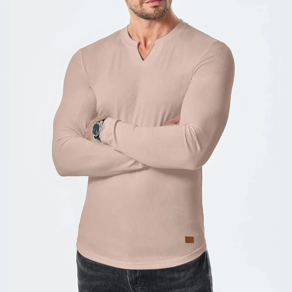 Men's slim-fit V-neck ribbed long-sleeved stretch T-shirt