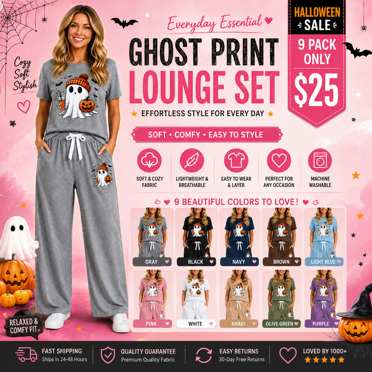 Women's Halloween Ghost Print 2 Piece Pajama Set
