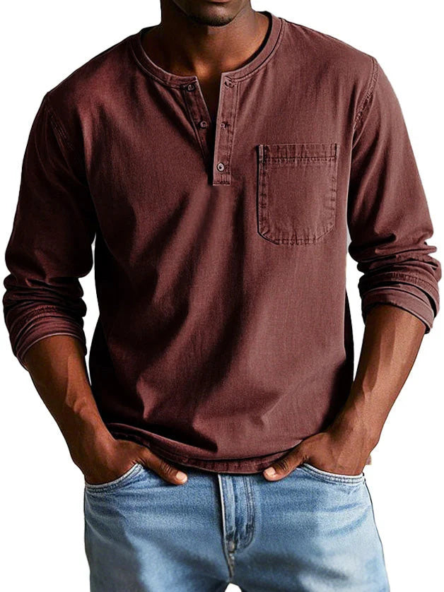 💫Clearance Sale🔥Men's Fashion Vintage Distressed Pocket Long Sleeve Henley Shirt