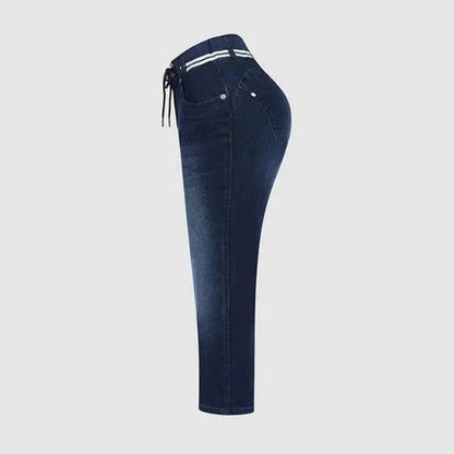 Wash Contrast Binding Double Button Drawstring Mid Waist High Stretch Fit Capri Jeans  Pant