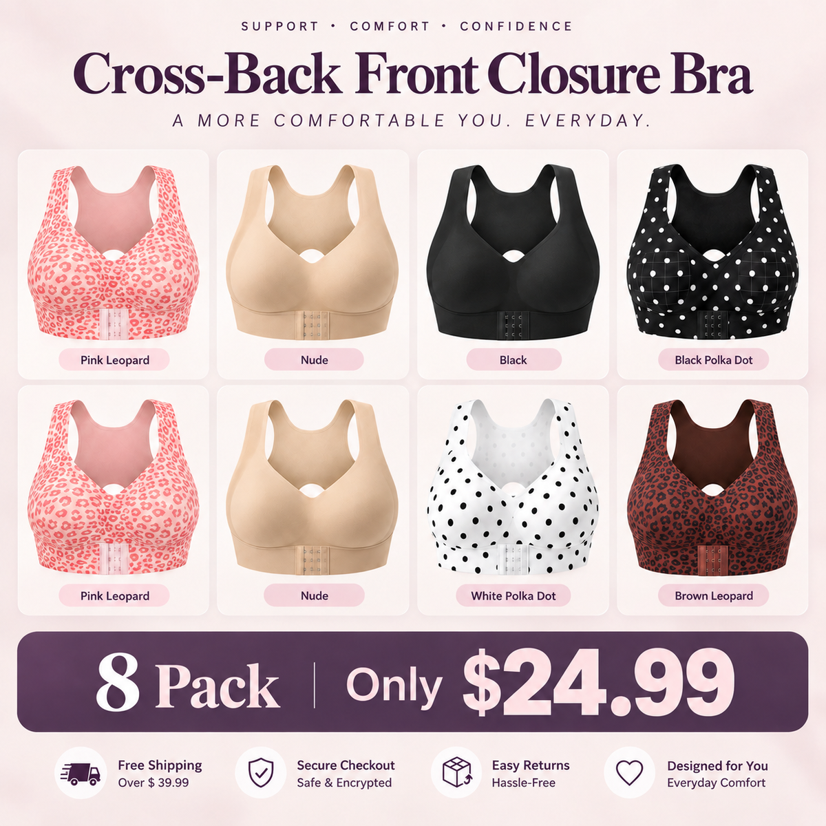 Cross Back Front Closure Wireless   Posture Support Bra