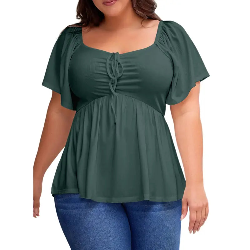 Eytino Women Plus Size Sweetheart Neck Short Sleeve Shirred Peplum Rib Blouse Tops Shirts(1X-5X)