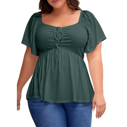Eytino Women Plus Size Sweetheart Neck Short Sleeve Shirred Peplum Rib Blouse Tops Shirts(1X-5X)