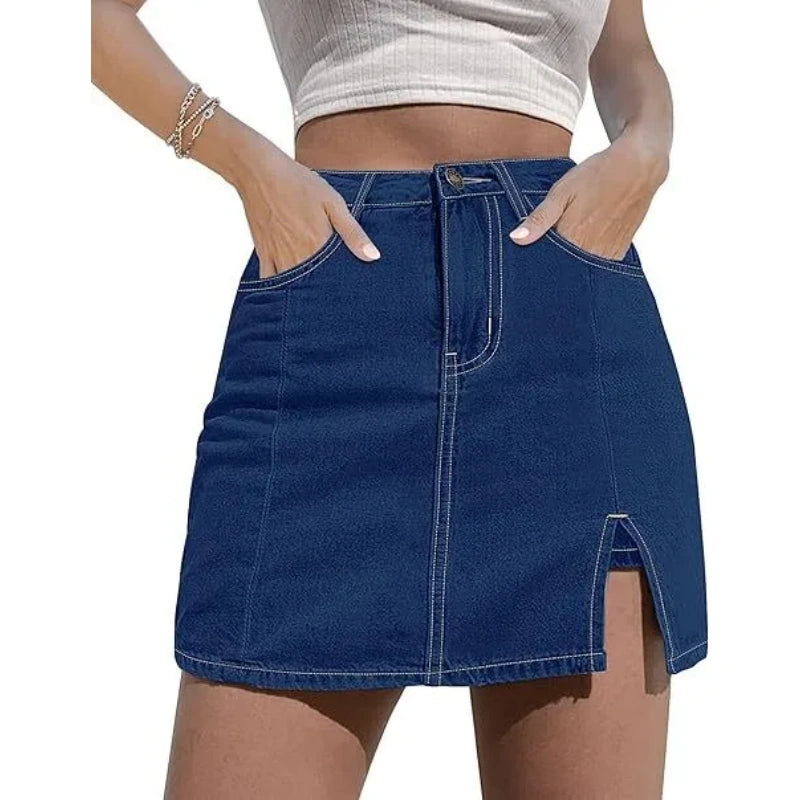 Women’s High Waisted Stretch Denim Skort for Women – Mini Jean Skirt with Built-In Shorts & Side Slit