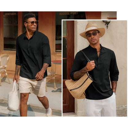 Men’s Lightweight Linen Henley Shirt –  3/4 Sleeve Casual Top with Pocket