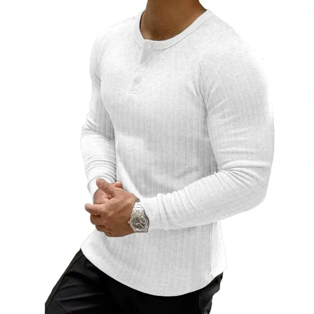 Men's Ribbed Slim Fit Long Sleeve Henley Shirt - Fitted Cotton Knit Basics Top
