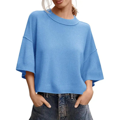 Women's Short Sleeve Oversized Cropped Baggy Loose Basic Round Neck Lightweight Knit Top