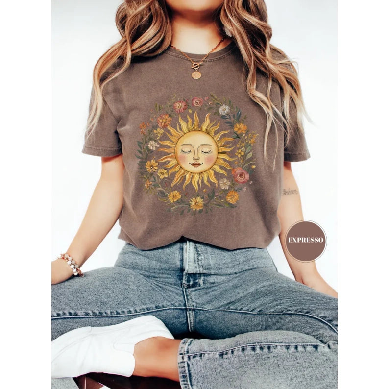 Boho Spiritual Sun T-Shirt, Cute Bohemian Tee, Celestial Hippie Clothing, Vintage Women Clothing, Hippy Clothes, Chic Style, Floral Outfit
