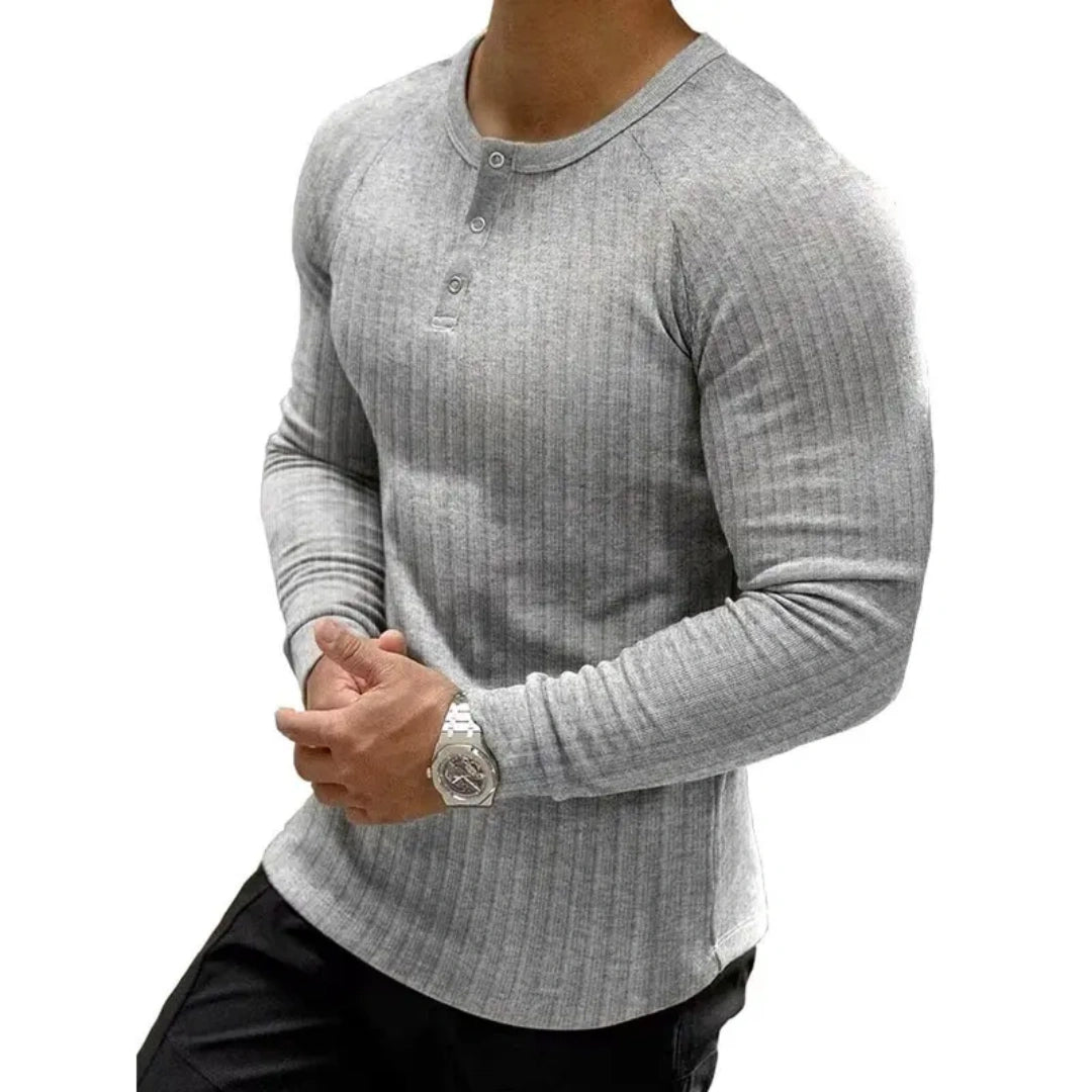 Men's Ribbed Slim Fit Long Sleeve Henley Shirt - Fitted Cotton Knit Basics Top