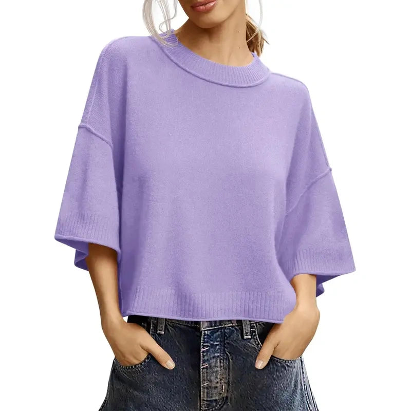 Women's Short Sleeve Oversized Cropped Baggy Loose Basic Round Neck Lightweight Knit Top