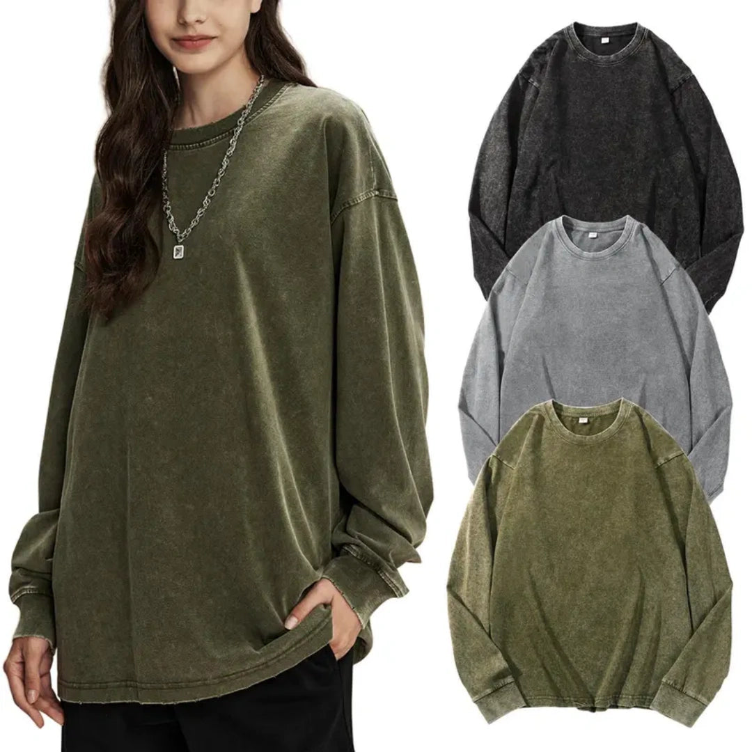 Unisex Vintage Washed Heavyweight Soft Breathable Cotton Long Sleeve T-Shirt