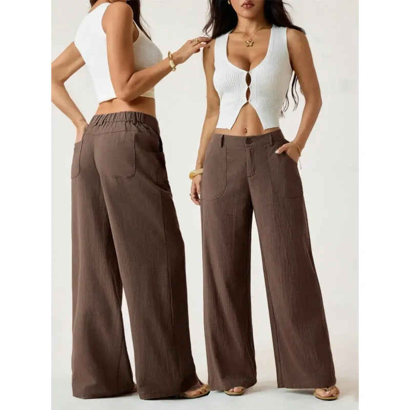 High Waist Wide Leg Beach Trousers With Pocket