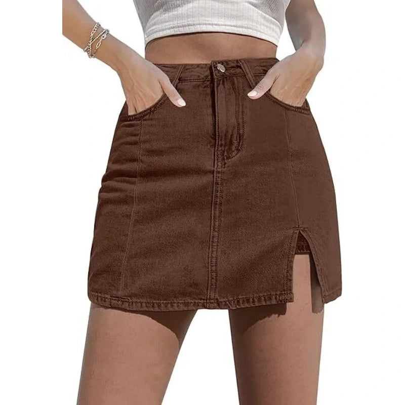 Women’s High Waisted Stretch Denim Skort for Women – Mini Jean Skirt with Built-In Shorts & Side Slit
