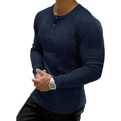 Men's Ribbed Slim Fit Long Sleeve Henley Shirt - Fitted Cotton Knit Basics Top