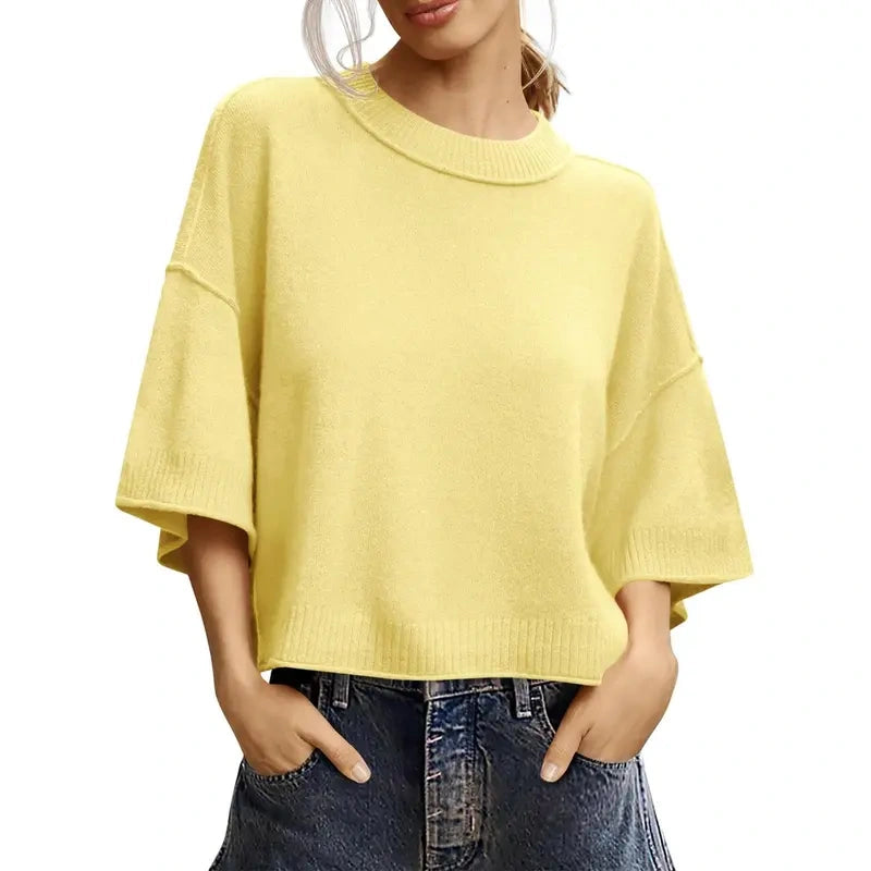 Women's Short Sleeve Oversized Cropped Baggy Loose Basic Round Neck Lightweight Knit Top