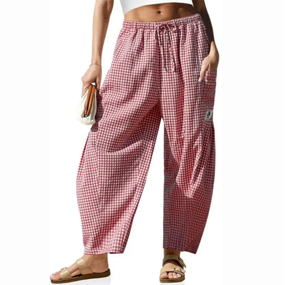 Womens Wide Leg Gingham Striped Plaid Pants