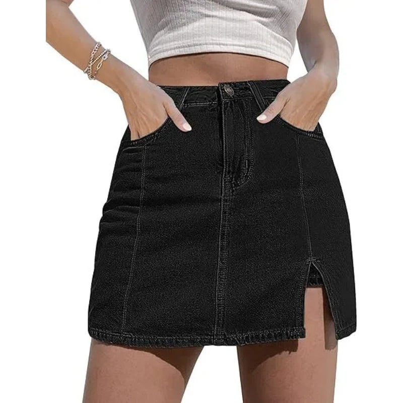 Women’s High Waisted Stretch Denim Skort for Women – Mini Jean Skirt with Built-In Shorts & Side Slit