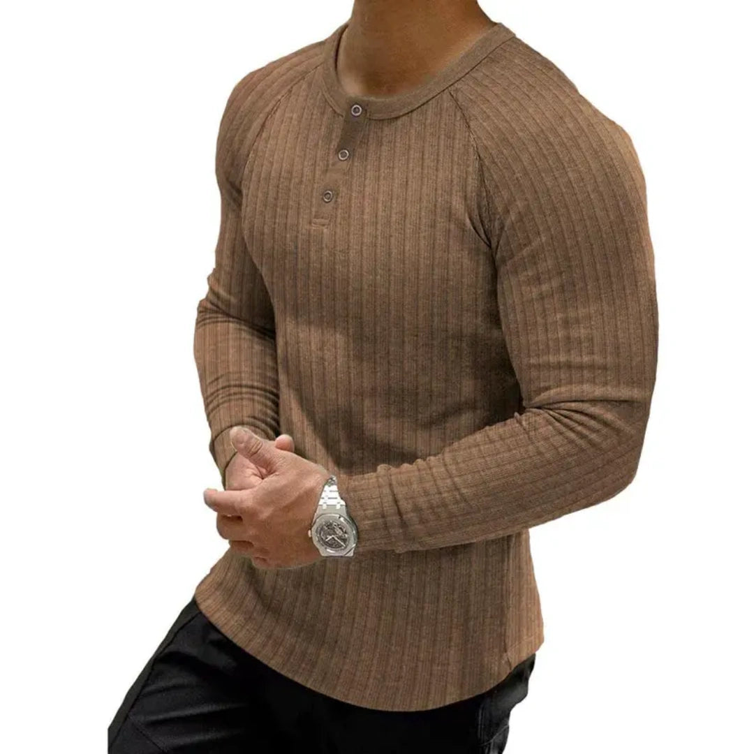 Men's Ribbed Slim Fit Long Sleeve Henley Shirt - Fitted Cotton Knit Basics Top