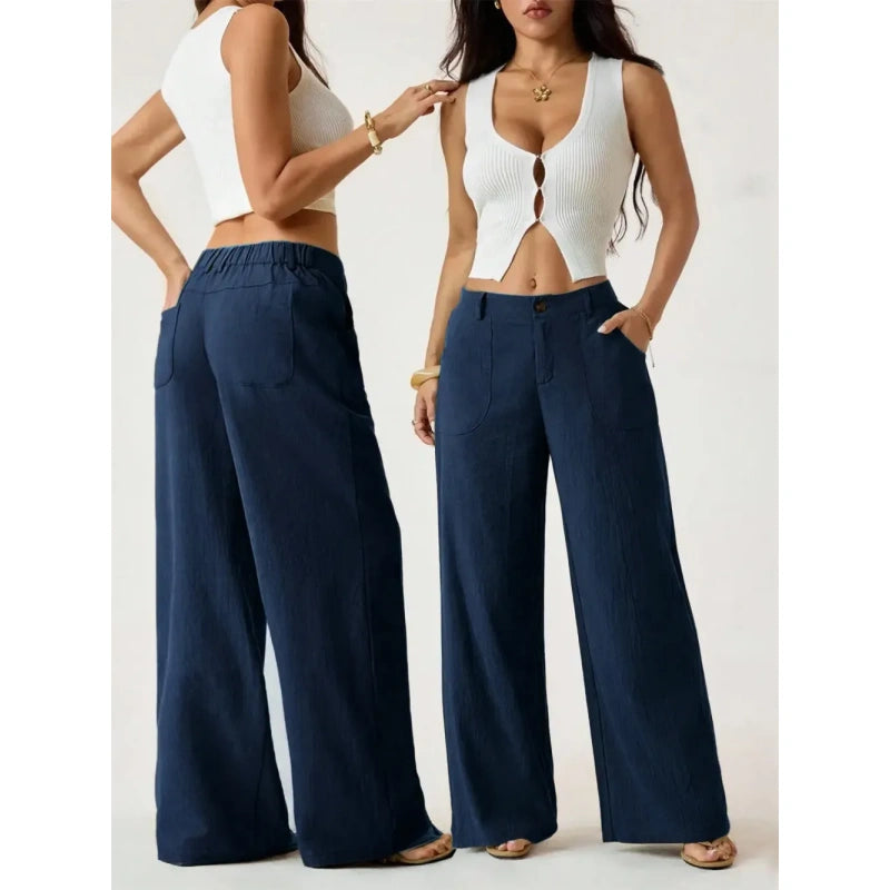 High Waist Wide Leg Beach Trousers With Pocket