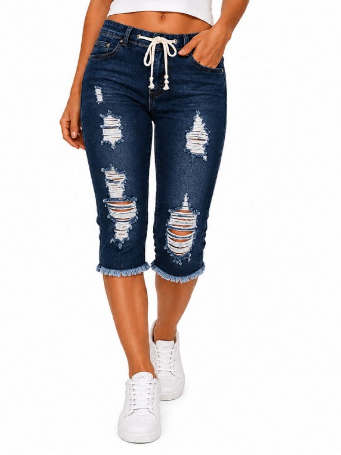 Fashion Distressed Ripped Capri Jeans Plus Size Casual High-Waisted Drawstring Waist Denim Cropped Pants + Lace cutout top