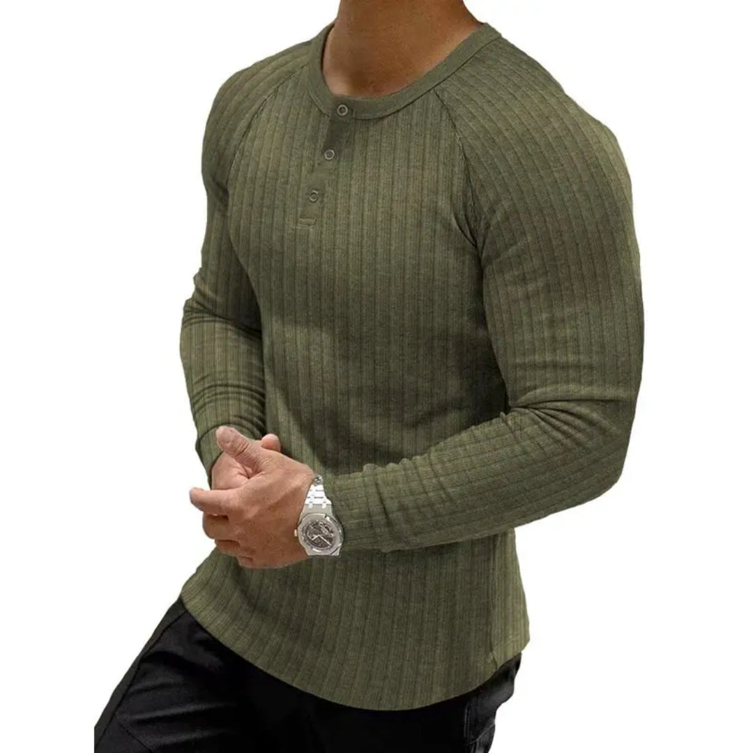 Men's Ribbed Slim Fit Long Sleeve Henley Shirt - Fitted Cotton Knit Basics Top