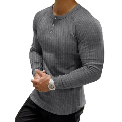 Men's Ribbed Slim Fit Long Sleeve Henley Shirt - Fitted Cotton Knit Basics Top