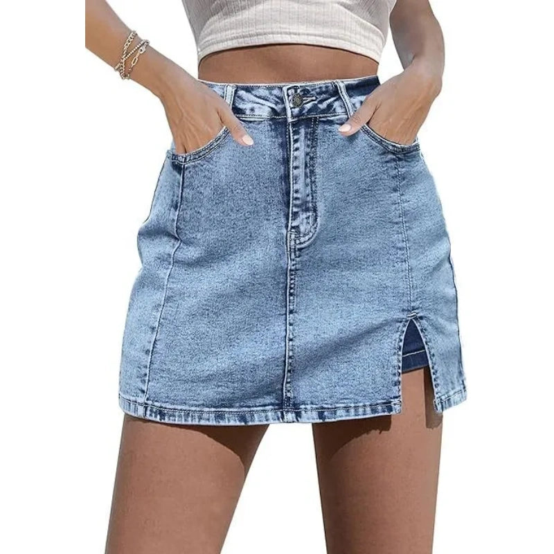 Women’s High Waisted Stretch Denim Skort for Women – Mini Jean Skirt with Built-In Shorts & Side Slit