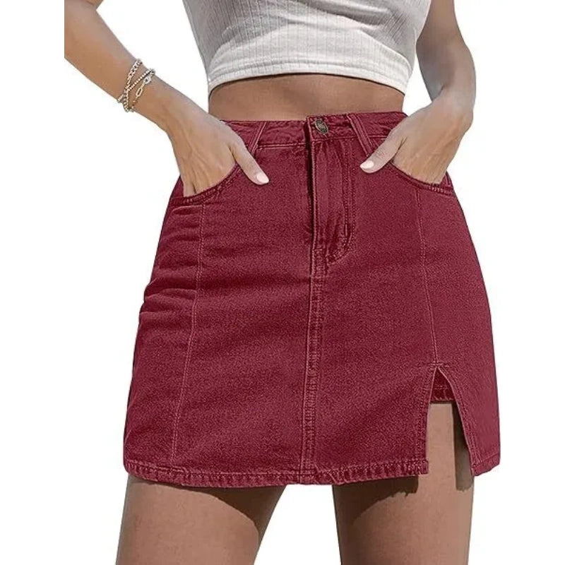Women’s High Waisted Stretch Denim Skort for Women – Mini Jean Skirt with Built-In Shorts & Side Slit