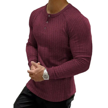 Men's Ribbed Slim Fit Long Sleeve Henley Shirt - Fitted Cotton Knit Basics Top