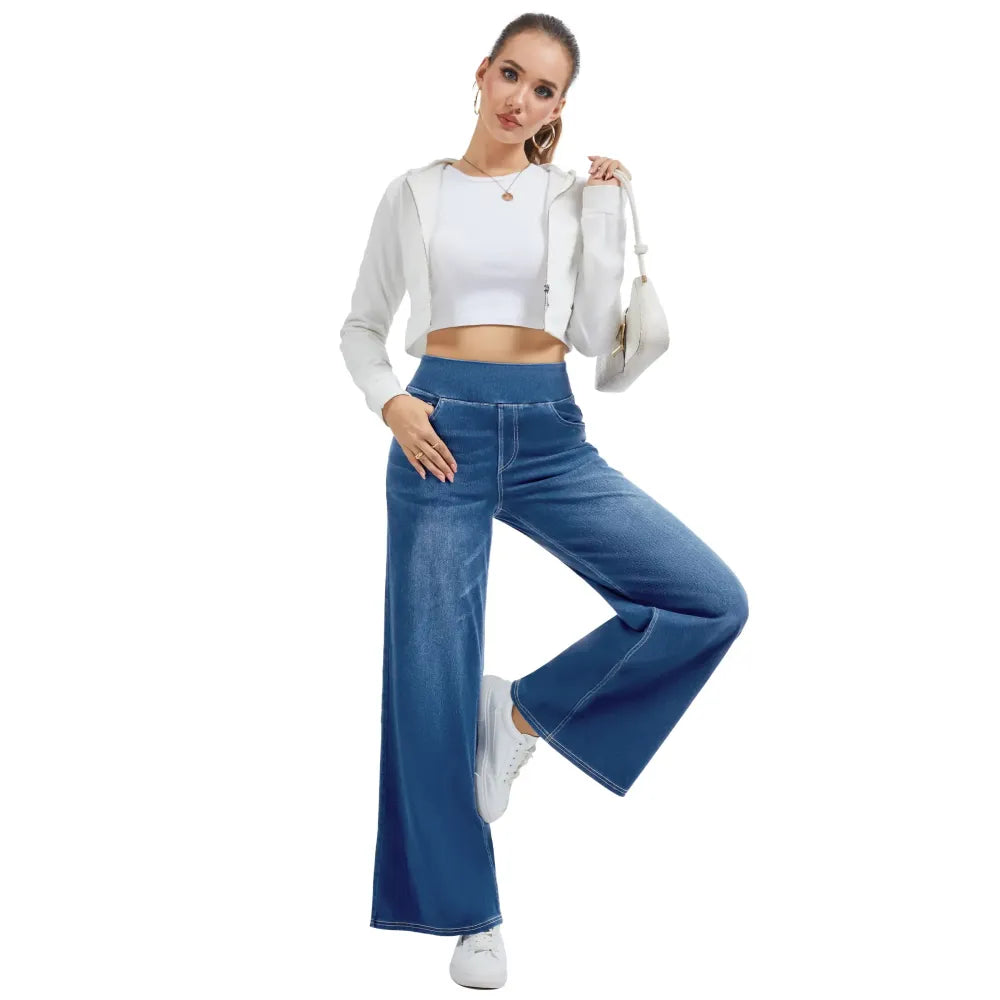 🔥Women's High-Waisted Washed Baggy Wide-Leg Stretchy Knit Jeans with Multiple Pockets – Comfortable Casual Denim
