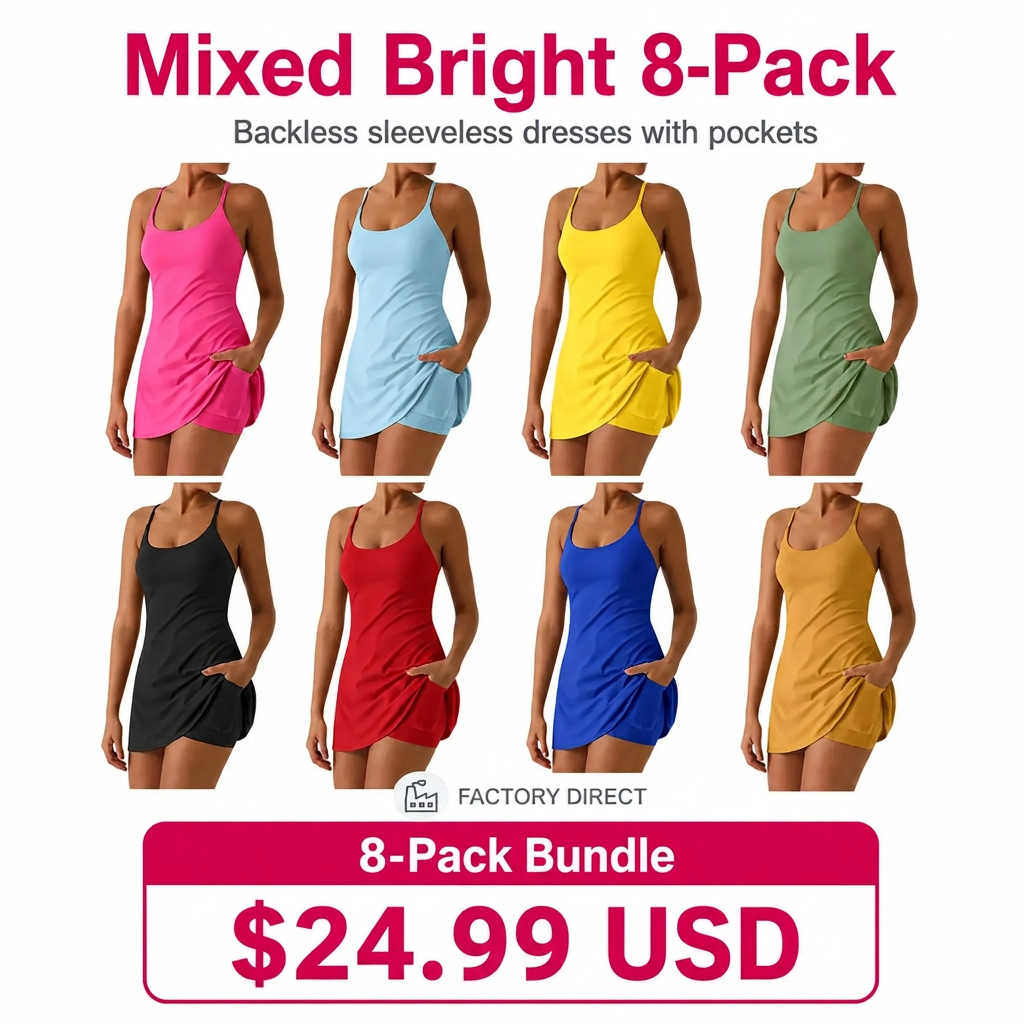 Women's Backless Sleeveless Dress with Pockets 8-Pack
