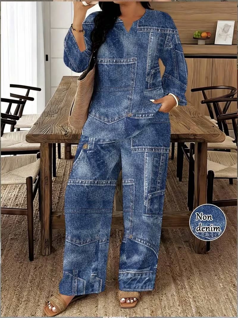 Women's Plus Size Faux Denim Patchwork Print 2-Piece