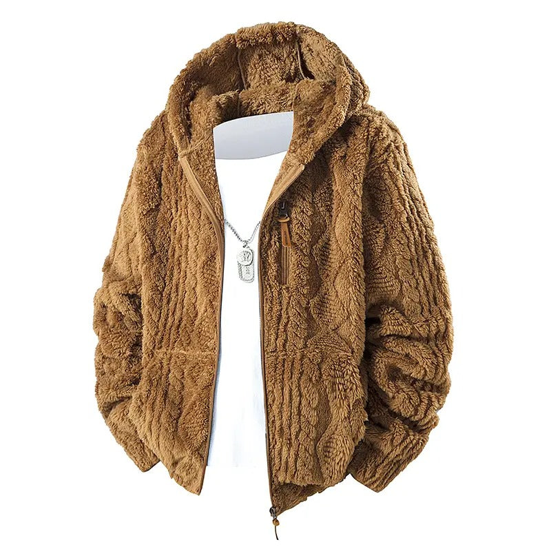 Men's Jacquard Thermal Fleece Zip-Up Hoodie, Loose Fit Warm Plush Texture Hooded Jacket with Kangaroo Pockets
