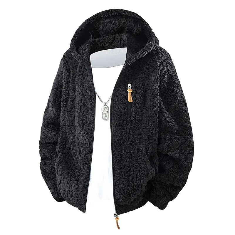 Men's Jacquard Thermal Fleece Zip-Up Hoodie, Loose Fit Warm Plush Texture Hooded Jacket with Kangaroo Pockets