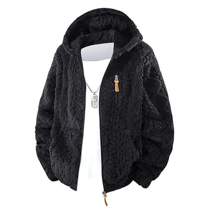 Men's Jacquard Thermal Fleece Zip-Up Hoodie, Loose Fit Warm Plush Texture Hooded Jacket with Kangaroo Pockets