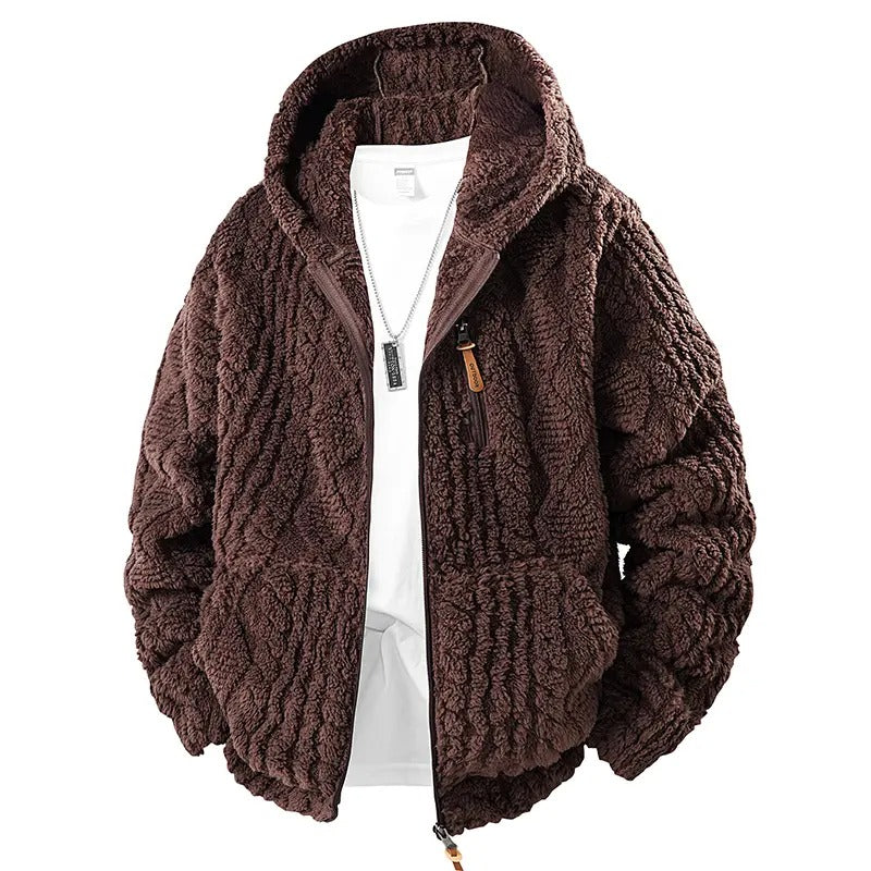 Men's Jacquard Thermal Fleece Zip-Up Hoodie, Loose Fit Warm Plush Texture Hooded Jacket with Kangaroo Pockets