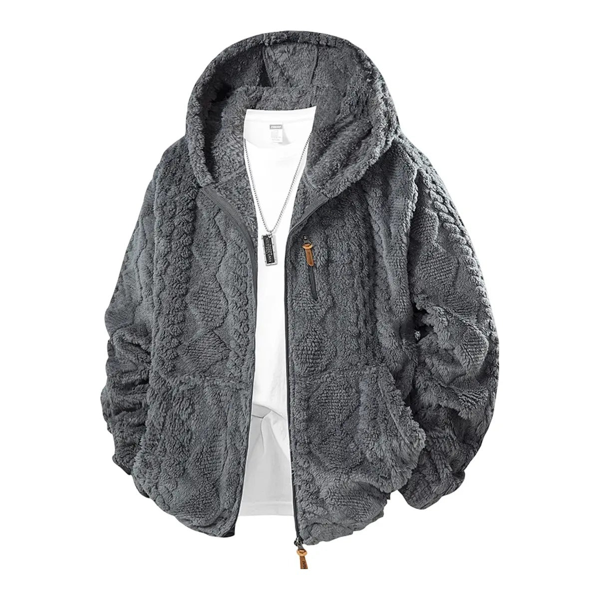 Men's Jacquard Thermal Fleece Zip-Up Hoodie, Loose Fit Warm Plush Texture Hooded Jacket with Kangaroo Pockets