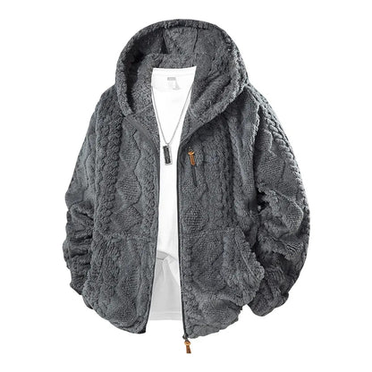 Men's Jacquard Thermal Fleece Zip-Up Hoodie, Loose Fit Warm Plush Texture Hooded Jacket with Kangaroo Pockets