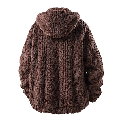 Men's Jacquard Thermal Fleece Zip-Up Hoodie, Loose Fit Warm Plush Texture Hooded Jacket with Kangaroo Pockets