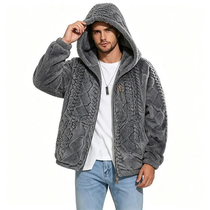 Men's Jacquard Thermal Fleece Zip-Up Hoodie, Loose Fit Warm Plush Texture Hooded Jacket with Kangaroo Pockets