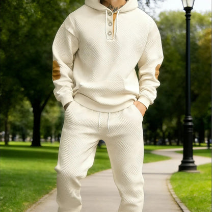 Men's 2‑Piece Textured Hoodie Tracksuit, Geometric Pattern Hooded Sweatshirt with Contrast Elbow Patches & Matching Sweatpants