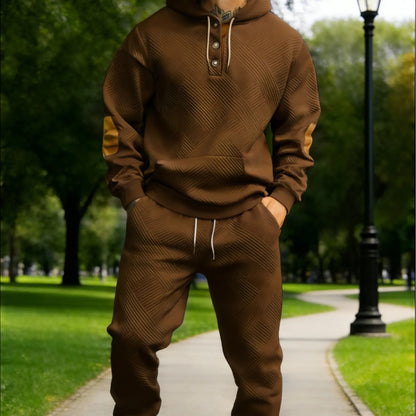 Men's 2‑Piece Textured Hoodie Tracksuit, Geometric Pattern Hooded Sweatshirt with Contrast Elbow Patches & Matching Sweatpants