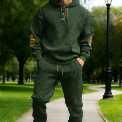 Men's 2‑Piece Textured Hoodie Tracksuit, Geometric Pattern Hooded Sweatshirt with Contrast Elbow Patches & Matching Sweatpants
