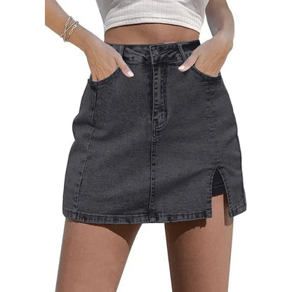 Women’s High Waisted Stretch Denim Skort for Women – Mini Jean Skirt with Built-In Shorts & Side Slit