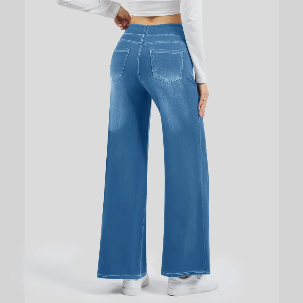 🔥Women's High-Waisted Washed Baggy Wide-Leg Stretchy Knit Jeans with Multiple Pockets – Comfortable Casual Denim