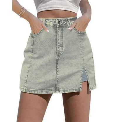 Women’s High Waisted Stretch Denim Skort for Women – Mini Jean Skirt with Built-In Shorts & Side Slit